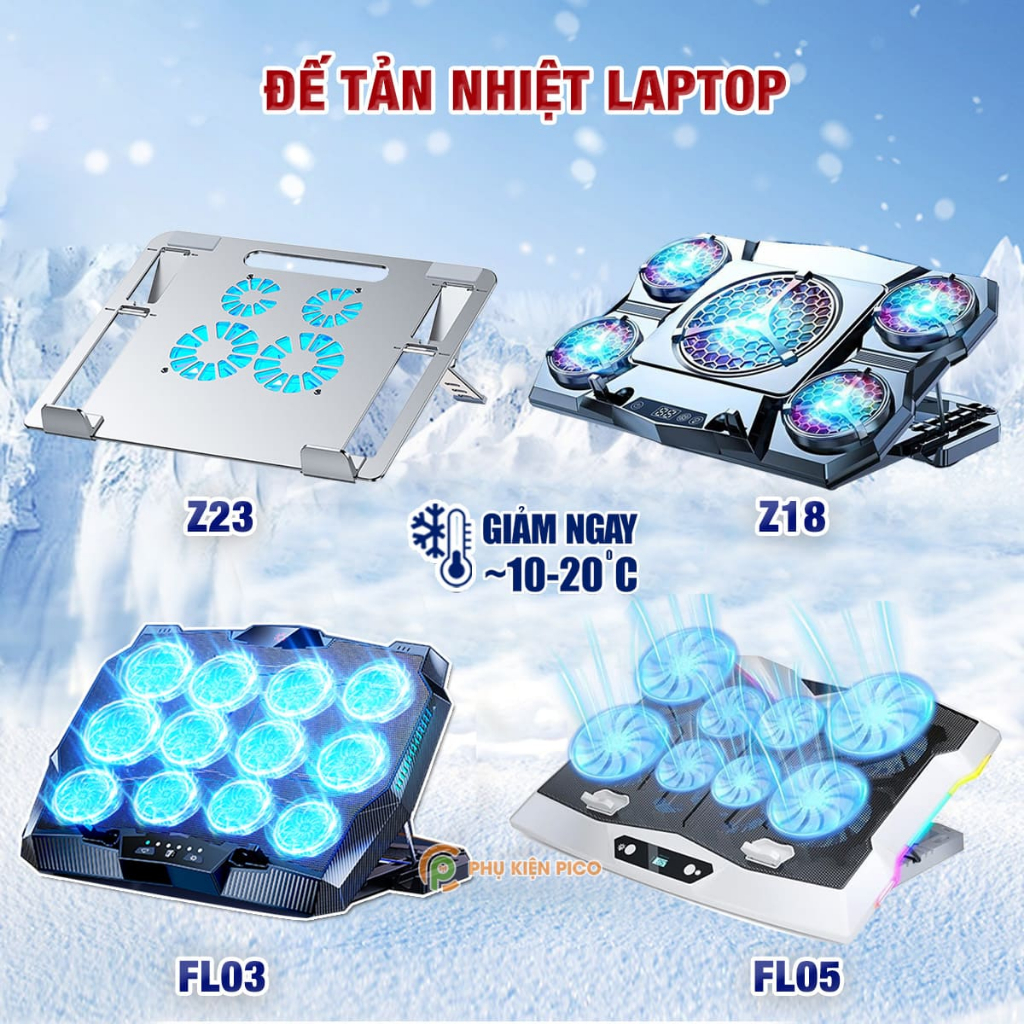 Đế tản nhiệt Laptop FL01 / FL03 / FL05 / Z18 / Z23 bằng hợp kim 12 quạt đèn led chỉnh tốc độ gió làm