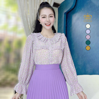 Áo sơ mi nữ tay dài kiểu cổ bèo bông giấy freesize CHUU A1739