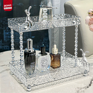 Kệ Trong Suốt 2 Tầng Đựng Mỹ Phẩm, Khay Đựng Cốc Ly Vân Kim Cương Mạ Bạc Decor Sang Trọng