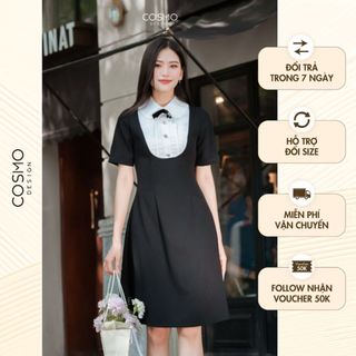 Váy đầm nữ thiết kế dáng ôm đen sát nách phối thân cổ trắng kèm nơ sang trọng 11902