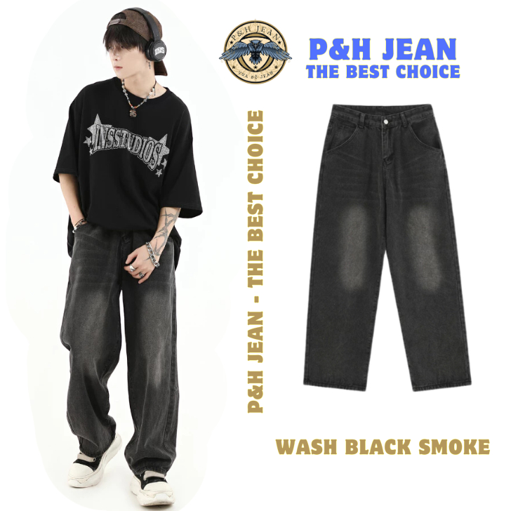 Quần Jean Nam Baggy Wash Đen khói P&H JEAN Ống Rộng Chất Liệu Cao Cấp