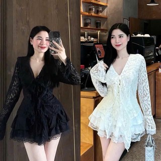  Set váy thiết kế len ren hoa 2 lớp cổ tim cột nơ tay dài xòe phối chân váy tầng phong cách sexy mặc đi tiệc cực đẹp 