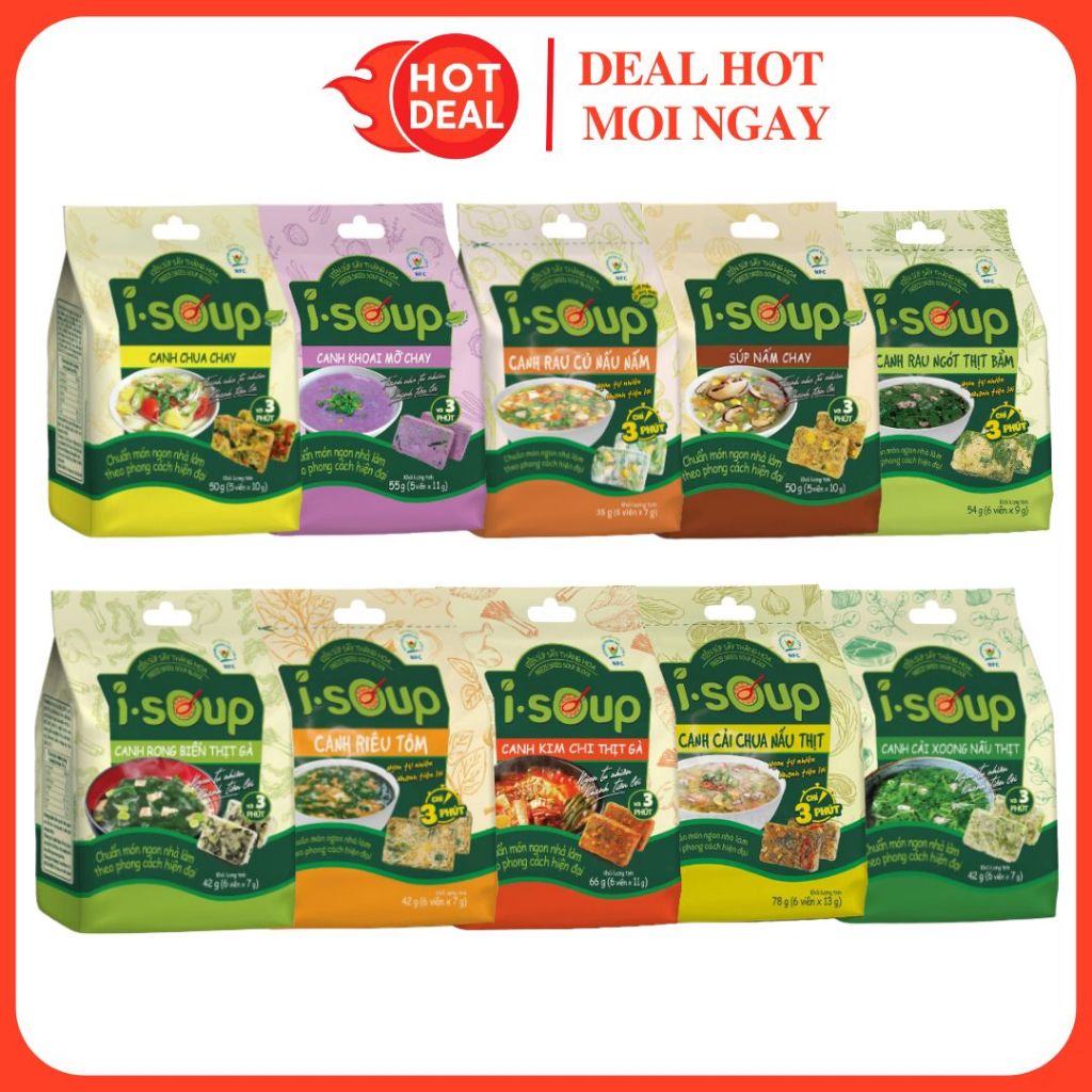 COMBO 10 Canh Ăn Liền Mix Vị I-SOUP Rau Ngót/Cải Xoong/Kim Chi/Cải Chua/Nấm Chay/Khoai Mỡ ACECOOK