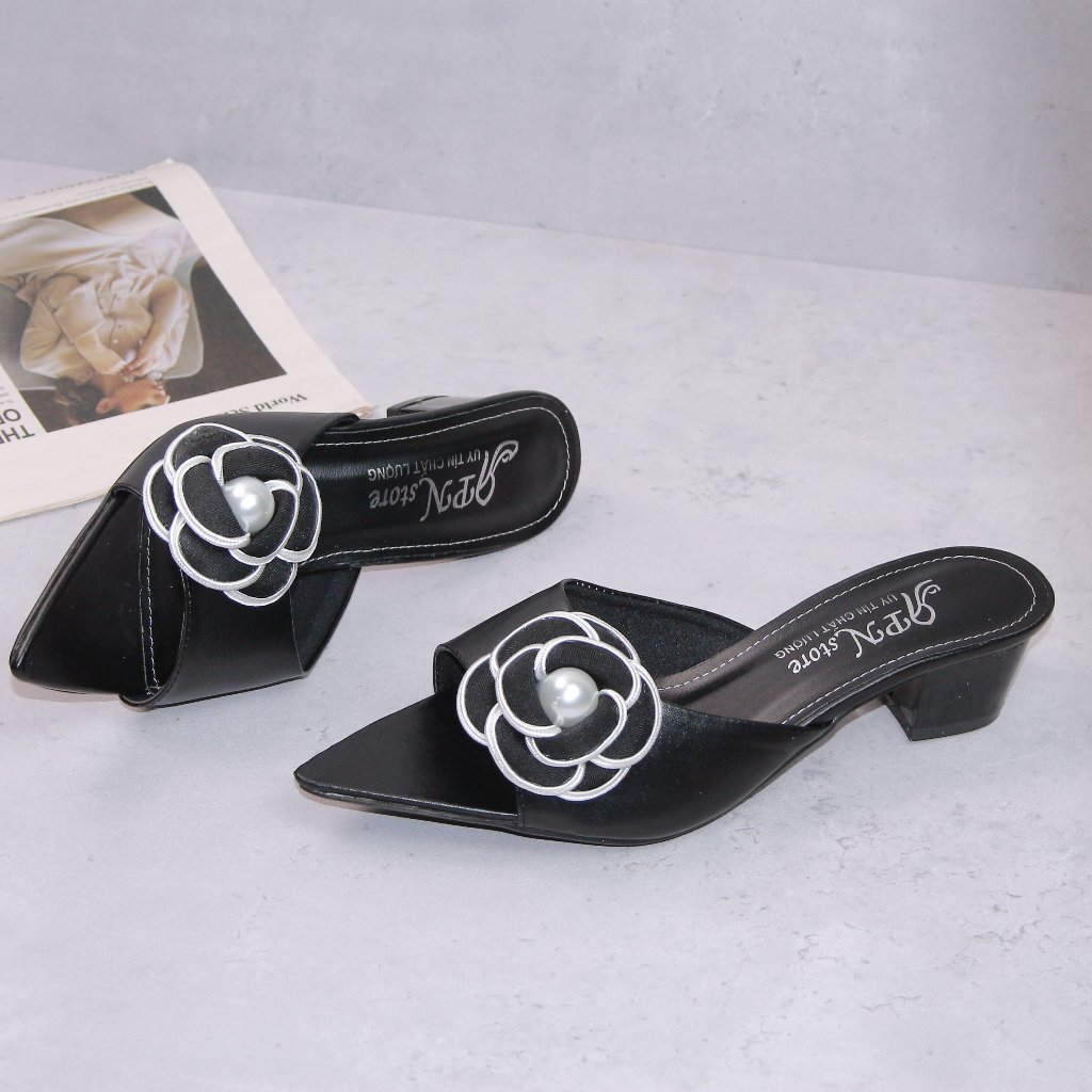 Dép nữ cao gót vuông 3p mũi nhọn quai bản da mềm kết hoa hồng - G103 Dép nữ cao gót