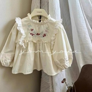   ORDER-sẵn 120  Áo sơ mi dài tay thêu hoa phối viền bèo babydoll điệu đà kiểu Pháp vintage cho bé gái 