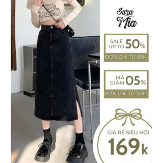 Chân váy dài jean chữ A Saramia nữ xẻ sườn chân váy bò cạp cao dáng dài qua gối V6