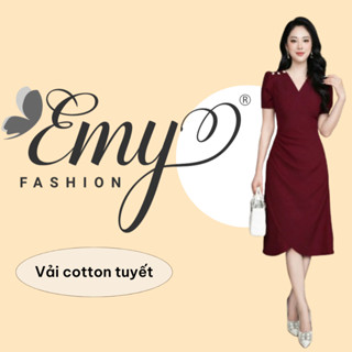 Đầm Thiết Kế EMY Thời Trang Cao Cấp Trung Niên EM7046 Vải Cotton Tuyết, Nền Đỏ Đô Sang Chảnh Đi Tiệc