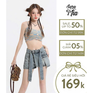 [KHÔNG ĐAI] Chân váy jean ngắn chữ A Saramia nữ quần giả váy bò đính nơ cạp cao xòe đi biển A18