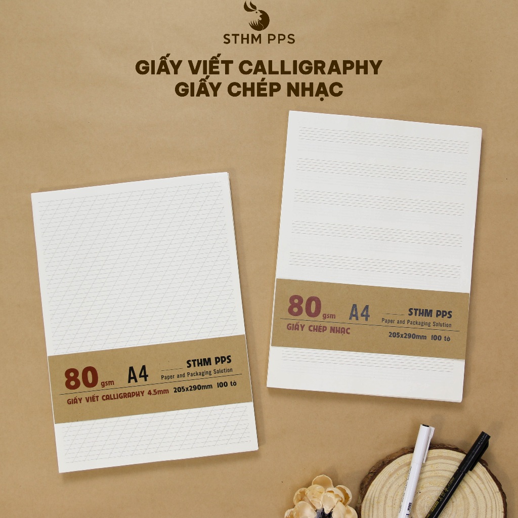 Xấp 100 tờ giấy kem viết Calligraphy 4.5cm, Chép nhạc - A4 - STHM stationery