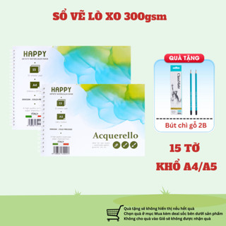 Vở vẽ mỹ thuật lò xo 300gsm A4/A5 chuyên dụng HAPPY Acquerello ( 15 tờ) vân cold, hoạ cụ vẽ tranh chuyên nghiệp