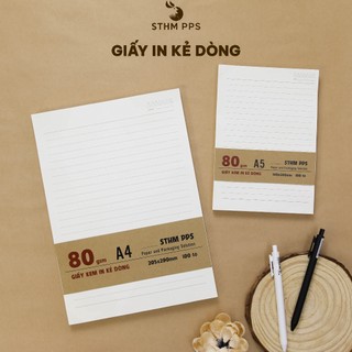 Xấp 100 tờ ruột giấy kem in kẻ dòng A4, A5 - 80gsm, 100gsm dùng cho làm sổ tay handmade - STHM