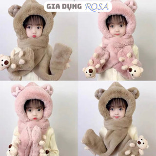Mũ lông cho bé kèm khăn quàng cổ găng tay hình gấu dễ thương - Mũ len 3in1 mùa đông ấm áp cao cấp cho bé AT269