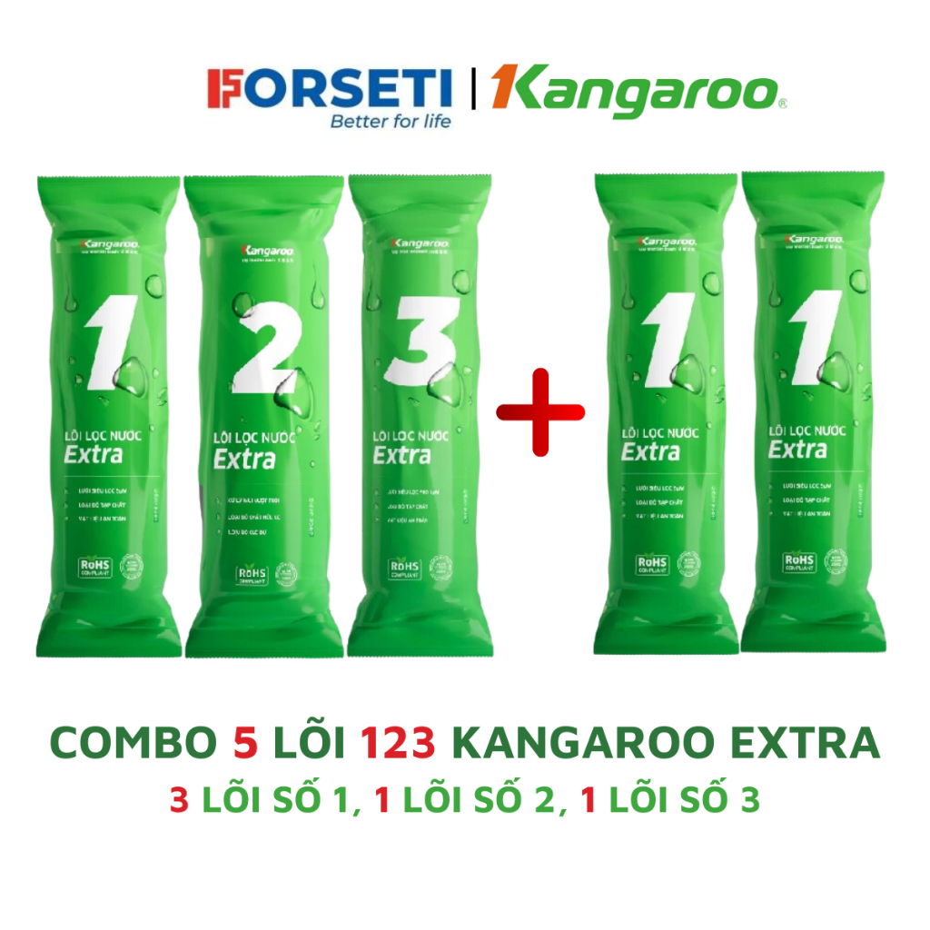 Bộ 5 lõi lọc nước Kangaroo chính hãng dùng cho máy lọc có 3 cốc lọc 10inch (Bộ lọc thô số 1,2,3 và 2