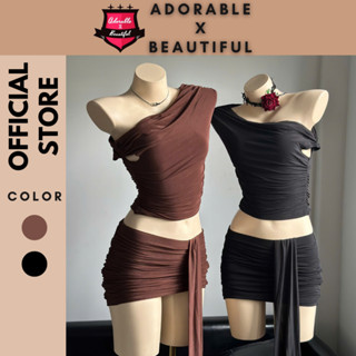 [Ảnh Thật] Set Áo Lệch Vai Đen Nâu Chất Thun Lưới 2 Lớp Hàng Nhập, Bộ Áo Chân Váy Ngắn Vạt Dài Y2k [AdorablexBeautiful]