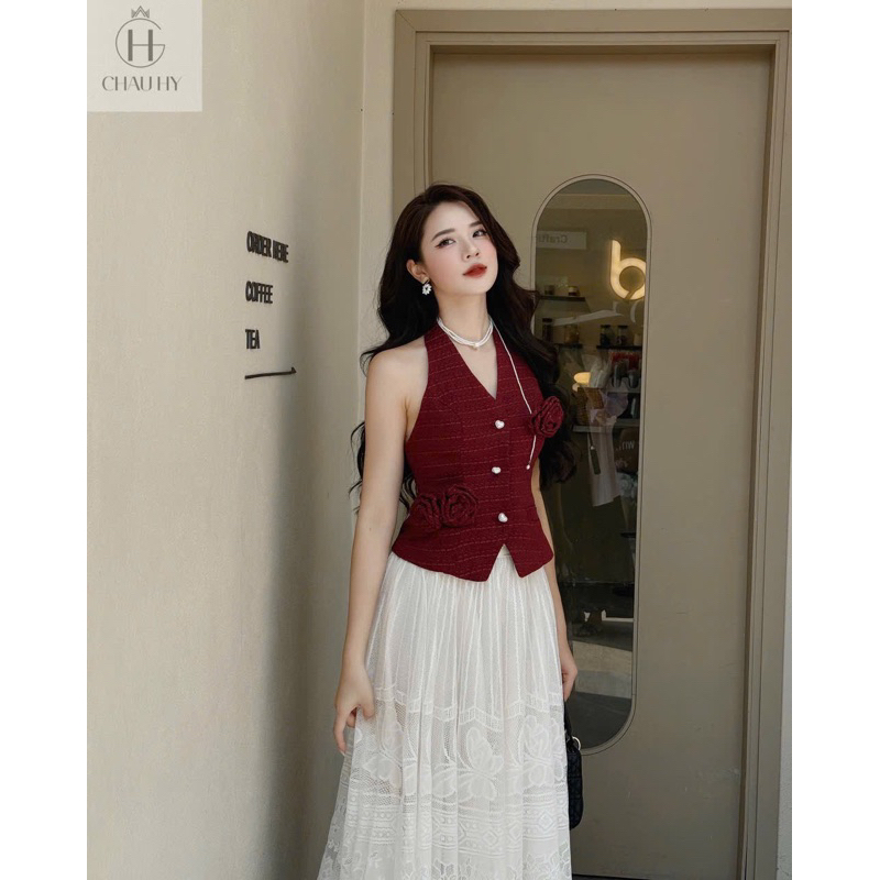 💥🔥 SET ÁO DẠ ĐỎ CỔ YẾM + CV MIDI VOAN TRẮNG