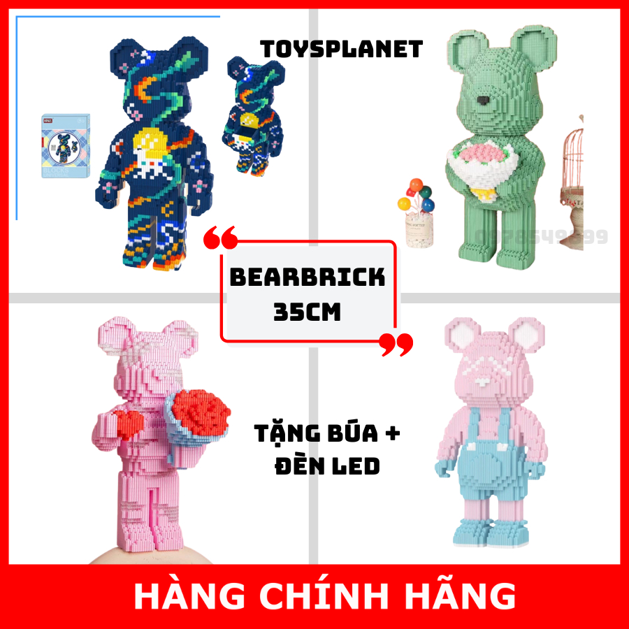 Mô hình lắp ráp gấu bearbrick, gấu ôm hoa, gấu trái tim tặng kèm búa, Đồ chơi xếp hình gấu siêu yêu