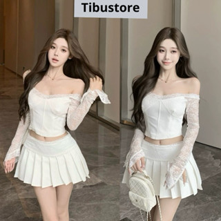 Set Áo Croptop Trễ Vai Cúp Ngực Ren Phối Chân Váy Xếp Ly TIBU Set Đồ Nữ Tiểu Thư Sang Chảnh Xinh Xắn Tết đi Chơi S127