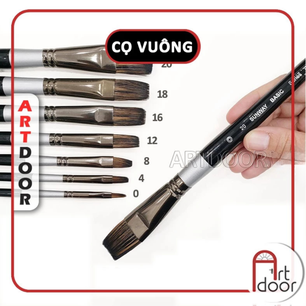 [ARTDOOR] Cọ vẽ đầu Vuông SUNWAY Basic lông Sóc Mix thân Đen (207F)