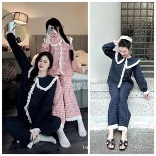 SÉT BỘ PYJAMA KẺ DÀI BÈO CÚC REN CỰC XINH