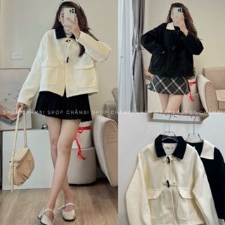  Áo khoác dạ nữ AP.566 Áo khoác dáng vừa tay dài có khuy sừng túi nắp phối cổ đen phong cách Hàn Quốc - Shop Chấm Bi 