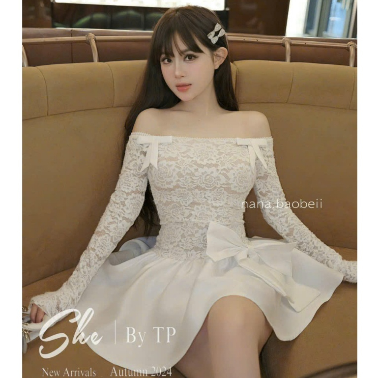 váy nữ sang chảnh,váy trễ vai,đầm ren lông thỏ 2 lớp phối ren ngực kèm quần lót gơn phố hot hit J40