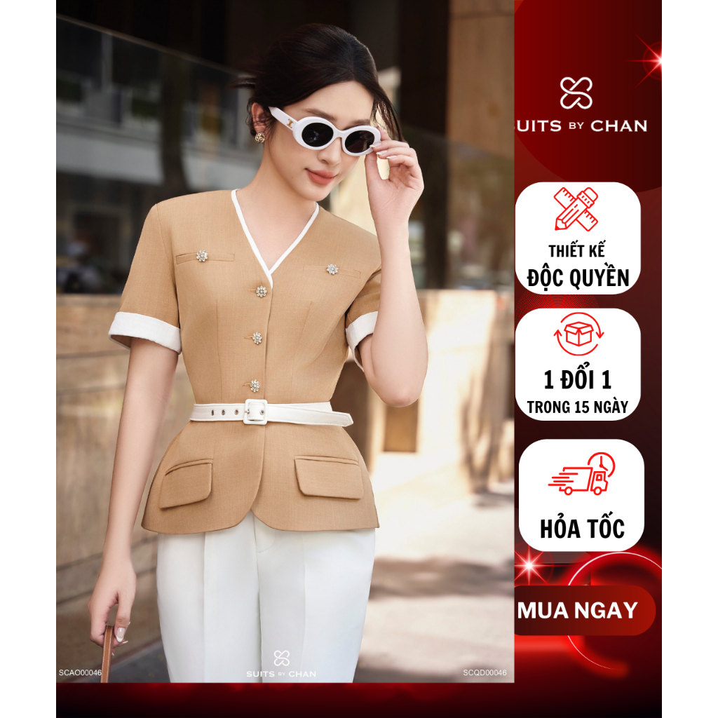 SUITS BY CHAN - Áo Vesta peplum phối nút (kèm belt), Quần dài ống loe - SCAO00046 SCQD00046 Nữ Women
