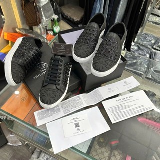 Giày slipon lười nam Philipp Plein da Pu phủ kim tuyến tag đinh phối mũi cao su nổi khối boy phố GS142P