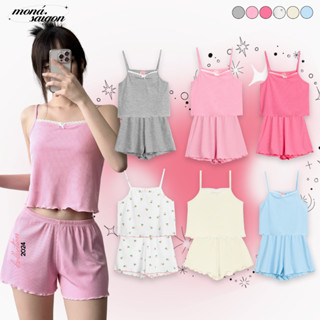 Set đồ ngủ nữ áo 2 dây kèm quần thun gân gắn nơ thời trang mùa hè MONÁ - CUTIE