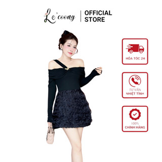  Váy Tiểu Thư Dáng Ngắn Trễ Vai Tay Dài LECOONG V689  Đầm Đẹp Sang Chảnh Cách Điệu Màu Be Đen 