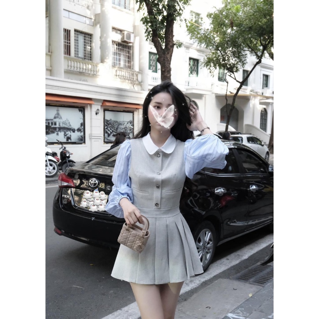 Đầm xoè cổ sen phối tay cúc ngọc , Đầm Váy Cổ Sen Dáng Xoè Xếp Ly Xám Sơ Mi Tay Dài Bồng