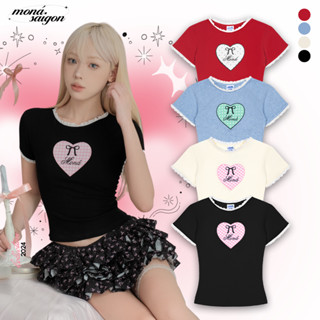 Áo thun nữ MONÁ ôm dáng thun cotton nhung phối ren thêu trái tim  - HEARTY TOP