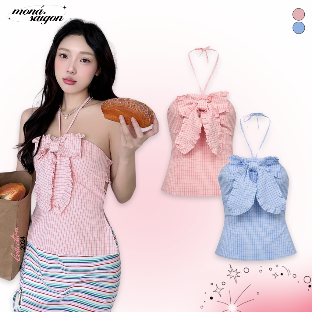 Áo yếm nữ MONÁ caro xốp phối nơ mùa hè đi biển - ROLA TOP