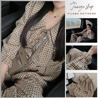 Đồ ngủ nữ,bộ mặc nhà pijama thu đông màu nâu tây dài tay cổ sen có túi họa tiết kẻ ô phối viền màu Juvigo HCOM3423