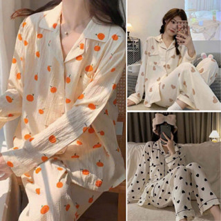 Pijama nữ tay dài, Bộ pizama đũi xốp viền ổ họa tiết dễ thương DÀI TAY màu pastel cute