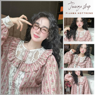  Đồ ngủ nữ,bộ mặc nhà pijama thu đông dài tay phối ren cổ họa tiết kẻ sọc hoa hồng trẻ trung siêu xinh Juvigo HCOM3420 