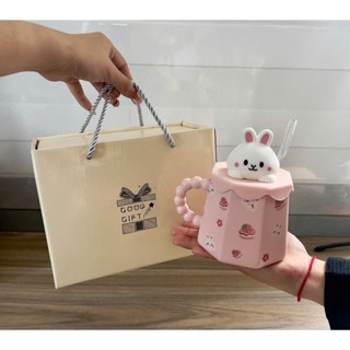 quà tặng cốc sứ , quà tặng sinh nhật ly sứ nắp cao su 3218 tặng kèm ống hút thủy tinh - Gốm sứ SH