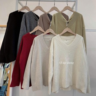 METWO. - Áo len trơn mịn lông thỏ cổ tim V dài tay QC basic form rộng dày dặn ulzzang tiểu thư Hàn Quốc #6609