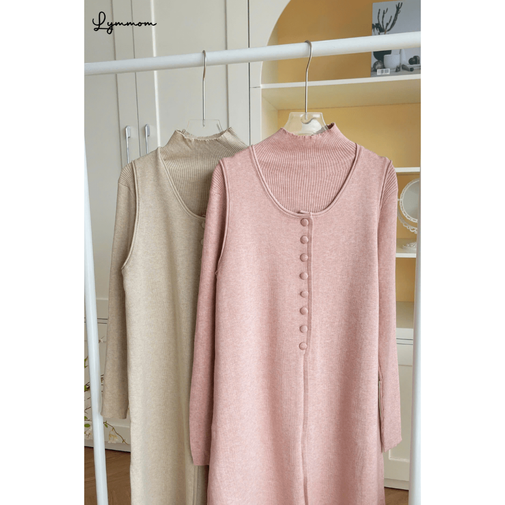  LYMMOM - Váy Bầu Xinh Dáng Dài Thu Đông  Áo len + Váy Gile   Chất Len Cao Cấp Mềm Mại Không Dặm Ngứa VL019 