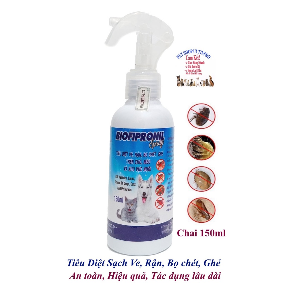 Chai xịt tiêu diệt sạch ve rận bọ chét ghẻ cho Chó, Mèo BioFipronil chai 150ml An toàn, Hiệu quả, Tác dụng lâu dài