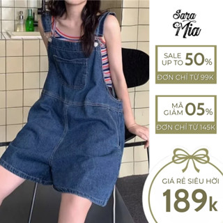 Quần yếm jean ngắn Saramia nữ dáng rộng phối túi yếm bò liền thân phong cách Hàn Quốc Y3