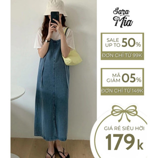 Váy yếm jean dài Saramia nữ dáng rộng yếm bò xẻ tà trước hai dây điều chỉnh độ dài Y4