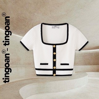 TINGOAN® - Áo croptop len trắng cổ vuông viền đen DARA TOP/WH PHIÊN BẢN MỚI NHẤT T6.2024