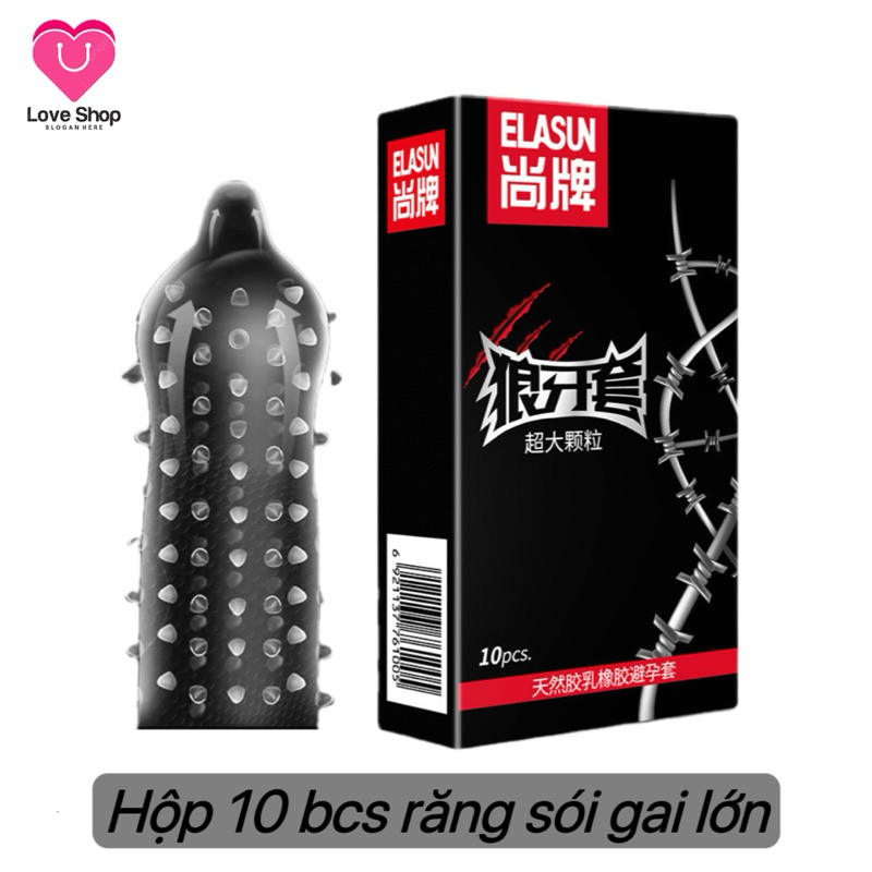 Bao cao su gai ELASUN Oversized răng sói, nhiều gân gai và gel bôi trơn hyaluronic acid, hàng cao cấp hộp 10 bcs