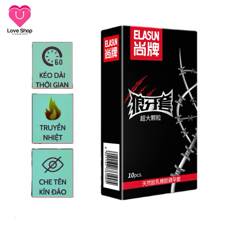Bao cao su gai ELASUN Oversized răng sói, nhiều gân gai và gel bôi trơn hyaluronic acid, hàng cao cấp hộp 10 bcs