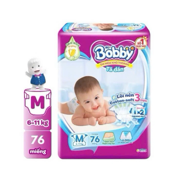 Tã Dán Bobby siêu thấm khô thoáng size M76 miếng 6-11kg