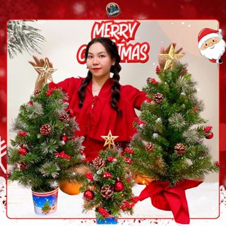 Cây thông noel mini để bàn 60cm trang trí giáng sinh hàng Việt Nam chất lượng cao 3 loại lá tặng dây led 8m màu vàng