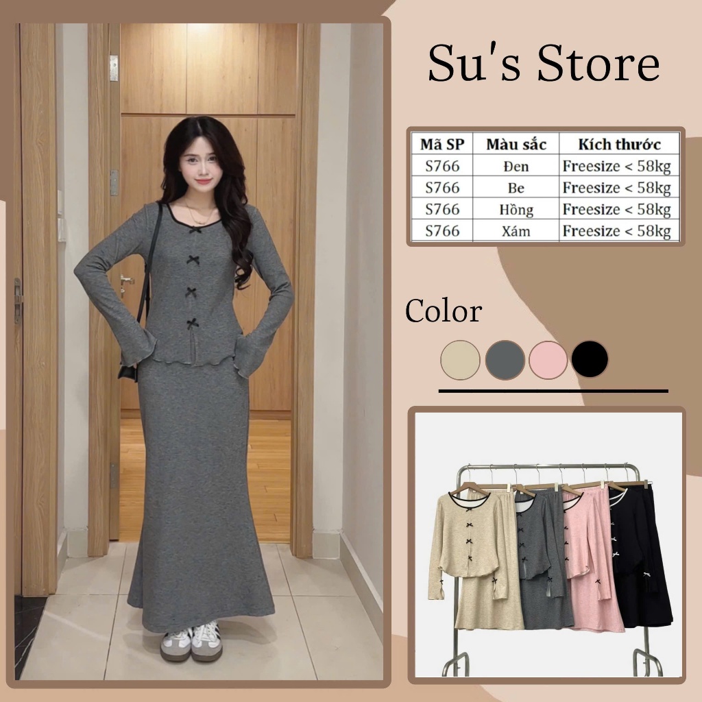Set Áo Nơ Nhí Cổ Phối Viền Tay Loe Kèm Chân Váy Đuôi Cá Dáng Dài S766 Susstore Top Women | BigBuy360 - bigbuy360.vn