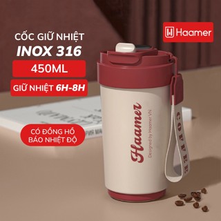 Cốc giữ nhiệt cao cấp Haamer, chất liệu inox 316 lót gốm an toàn có đồng hồ báo nhiệt độ dung tích 450ml - B021