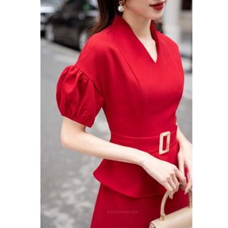 Váy đầm nữ thiết kế dáng ôm đỏ tay dúm phồng thắt đai eo 10208