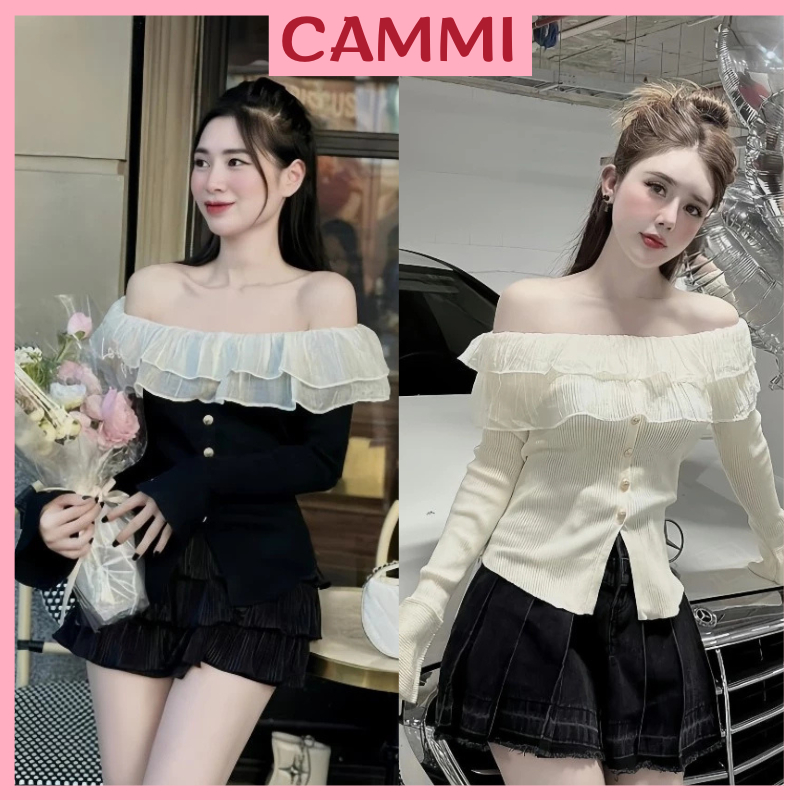 Áo trễ vai nữ dài tay chất thun tăm phối nhún bèo bẹt vai đính cúc vạt xẻ kiểu dáng tiểu thư HA164